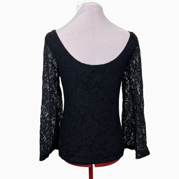 Witchy Boho Chic Black Lace Bell Sleeve Scooped Back Stretch Womens Top Medium - Picture 9 of 10